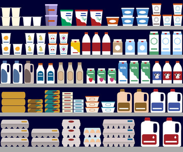 无缝模式的乳品部,牛奶货架和新鲜健康的食物,在超市,选择大的有机农场产品的销售在食品商店,酸奶背景矢量图